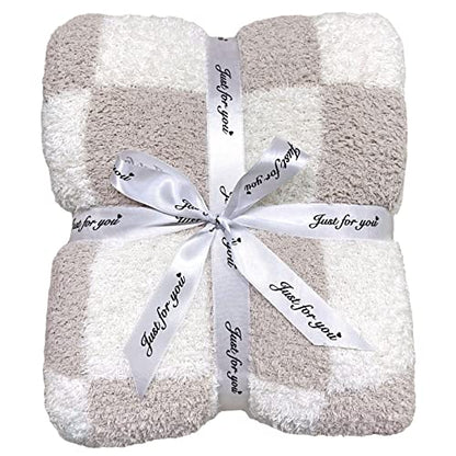 Ultra Soft Checkered Blanket Cream Cozy Buffalo Check Throw Fluffy Knitted Reversible Throw Blanket Lightweight Fleece Checkerboard Grid Blanket for Sofa Couch Bed Travel, Taupe/White, 51''x63'' - color: Taupe/White