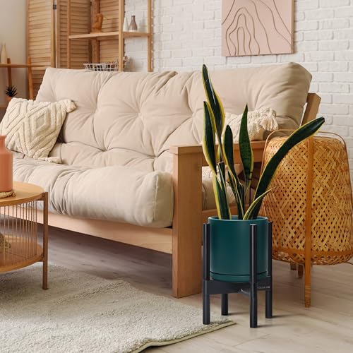 D'vine Dev Ceramic Pot with Ebony Wood Stand, Teal, 8 in, 55-B-M-4 - color: Teal Pot + Ebony Stand, size: 8 Inch