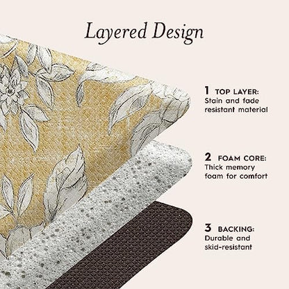 Laura Ashley - Anti-Fatigue Kitchen Mat, Iris Floral Design, Stain, Water & Fade Resistant, Cooking & Standing Relief, Non-Slip Backing, 2 Piece Set, Tawny Yellow - color: Tawny Yellow, size: 48"L x 17.5"W / 28"L x 17.5"W