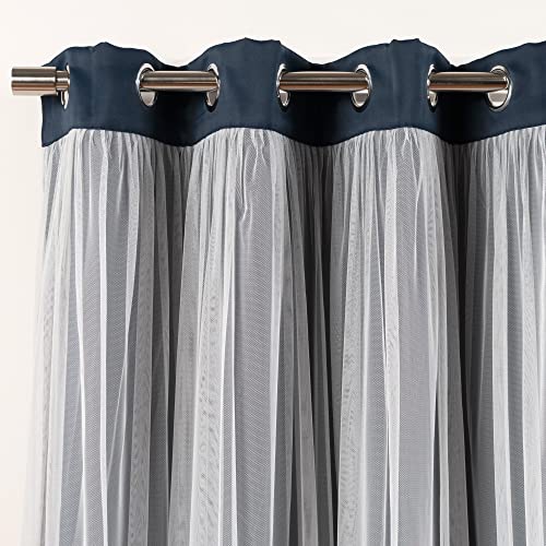 Best Home Fashion Set of 2 Lace Tulle Overlay Thermal Insulated Solid Blackout, Stainless Steel Nickel Grommet Window Panels for Bedroom, Living Room, Dining Room - 52" W x 63" L, Navy - color: Navy, size: 52"W x 63"L (Pack of 2)
