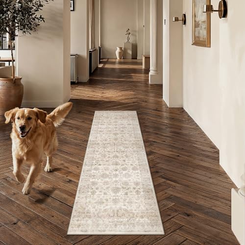 Beige Hallway Runner Rug 2x6 Distressed Vintage Farmhouse Style - color: Vintage Beige, size: 2' x 6' (Runner)