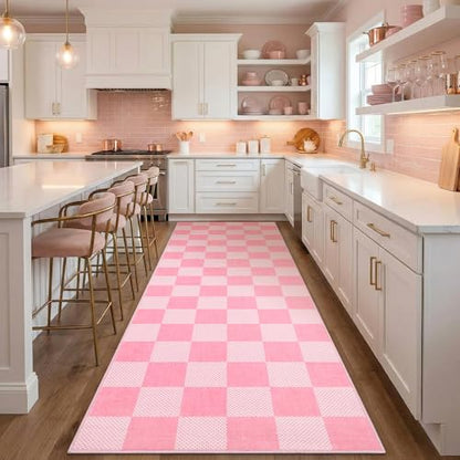 GarveeHome Checkered Pink 2x6 Washable Kitchen Runner Rug Low-Pile Entryway - color: Blush Pink, size: 2' x 6' (Rectangular)