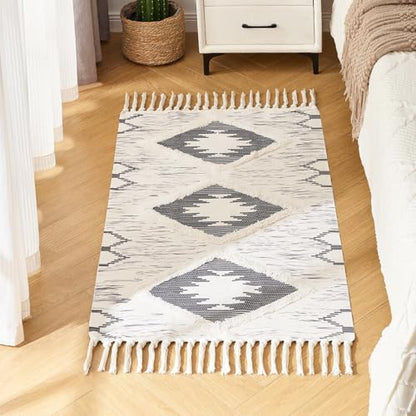 Boho Runner Rug, Washable Hallway Rug Runner Non Slip Rubber Backed, Kitchen Farmhouse Area Rug Floor Mat with Tassels, Tufted Woven Cotton Entryway Carpet (Grey, 2.3'x3.8') - color: Grey, size: 2'4" x 3'10" (Runner)