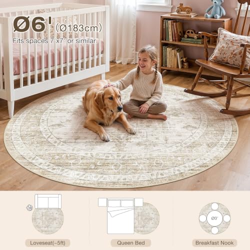 6ft Round Rugs for Living Room: 6x6 Washable Neutral Beige Area Rug - color: Beige, size: 6' (Round)