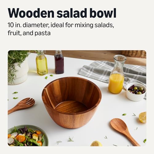 Amazon Basics Wooden Salad Bowl, Acacia Wood, 10 in., Family Size Serving Bowl for Gatherings and Everyday Meals - size: 10 in. diam.