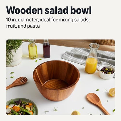Amazon Basics Wooden Salad Bowl, Acacia Wood, 10 in., Family Size Serving Bowl for Gatherings and Everyday Meals - size: 10 in. diam.