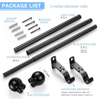 Curtain Rods for Windows 16-48", 1 Inch Black Curtain Rod, 1 Pack - color: Black, size: 48" - 1'' rod - 1 Pack