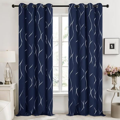 Deconovo Curtains for Living Room, Pattern Blackout Curtains 108 Inch Long - color: Silver Line-navy Blue, size: 52"W x 108"L (Pack of 2)