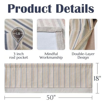 jinchan Stripe Linen Kitchen Valance Curtain, 50x18, 1 Panel, Multi Blue - color: Boxter Striped | Multi Blue on Linen, size: 50"W x 18"L (Pack of 1)