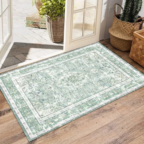 Vhong Boho Area Rugs Washable Vintage Modern Neutral Small Carpet Sage Green 2×3 High Traffic Rugs Doormat for Bathroom Kitchen Entryway Non Slip - color: Sage Green, size: 2' x 3' (Rectangular)