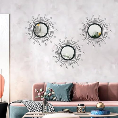 3 Pack Metal Mirror for Wall Sunburst Wall Mirror Black Crystal Home Accent - color: Black Crystal