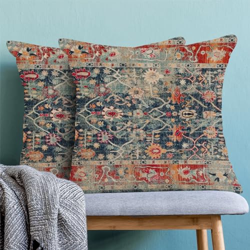 Boho Pillow Covers 16x16 Inch Set of 2,Navy Blue Burnt Orange Ethnic Design Throw Pillows Case,Carpet Pattern Outdoor Decorative Square Linen Farmhouse Decor Cushion Covers for Home Sofa Bed Couch - color: Navy Blue Orange Boho, size: 16" x 16" (Pack of 2
