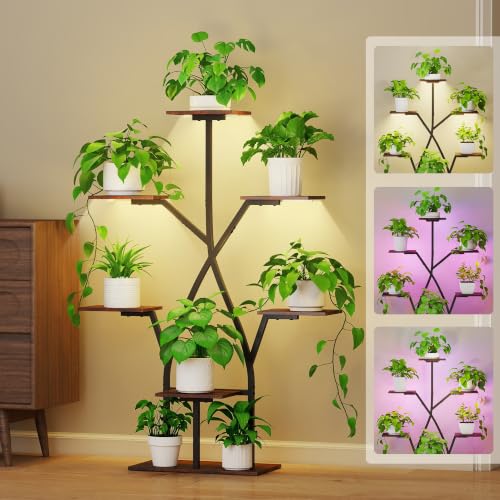 Plant Stand Indoor with Grow Lights 50" Plant Shelf Corner Lighted Plant Stands for Indoor Growing Multiple Metal 7 Tiered Large S-Shape Display Shelves Plant Rack for Home Decor Patio Balcony - color: Black-50"