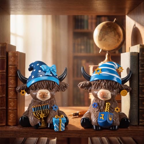 Karenhi 2 Pcs Highland Cow Figurines Resin, Hanukkah Decor for Home Desk - style: Hanukkah