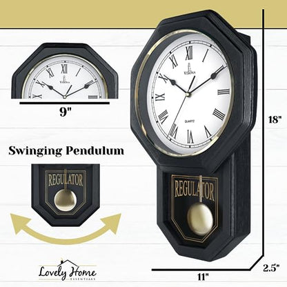 Pendulum Wall Clock, Real Wood Regulator Clock, Black, Quiet Non-Chiming - color: Black