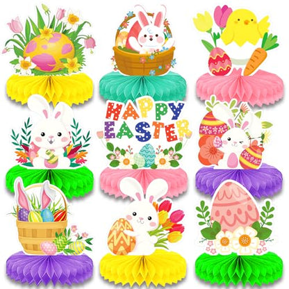 9 Pieces Easter Honeycomb Centerpieces Table Decor, Cute Bunny Chick and Eggs Happy Easter Spring Festive Pattern Table Topper Ornaments Signs, Holiday Easter Day Party Decorations