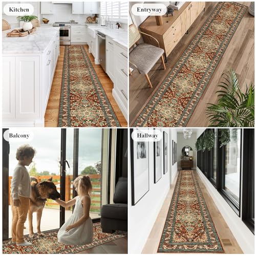 U'Artlines 2' x 14' Boho Hallway Runner Rug, Washable Carpet, Rust＆Teal - color: Rust＆teal, size: 2' x 14' (Runner)