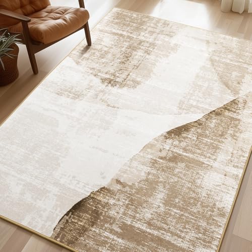 Phantoscope Washable Area Rug 5'x7' Non-Slip, Modern Neutral Boho Rugs for Living Room, Bedroom, Dining Room, Distressed Geometric Dune Pattern, Low-Pile Foldable Floor Carpet, Linen Beige/Taupe - color: Linen Beige/Taupe, size: 5' x 7' (Rectangular)