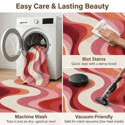 5x7 Pink and White Modern Abstract Wavy Washable Area Rug - color: Pink/White, size: 5' x 7' (Rectangular)
