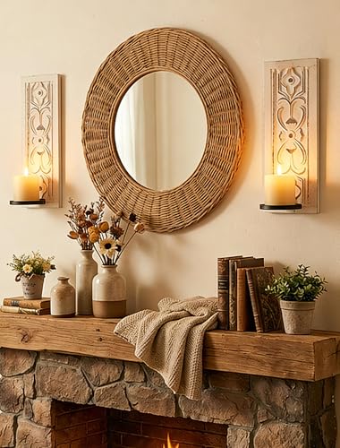 Whitewashed Wood Wall Candle Sconces Set of 2, Floral Design - color: Distressed White
