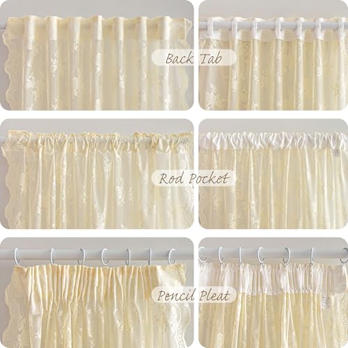 MEETSKY Lace Sheer Curtains 96 Inch Length Cream Floral Sheer Curtain - color: Light Yellow, size: 50"W x 96"L (Pack of 2)