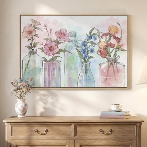 Framed Colorful Modern Floral Wall Art, 24x36 Inch Flower in Vase Pictures - color: Multi & Watercolor