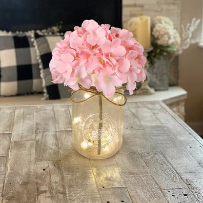 Set of 3 Mason Jar Lights, Pink Hydrangea Holiday Table Decor - color: Jar-pink Hydrangea