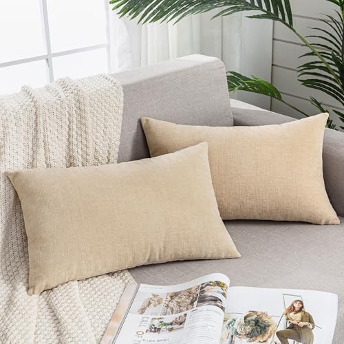 GAWAMAY Beige Chenille Throw Pillow Covers 12x20 Set of 2 for Couch - color: Beige, size: 20" x 12" (Pack of 2)