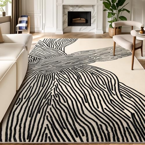 10x14 Extra Large Washable Area Rug, Black and Cream White Abstract Rug - color: Modern Lines Beige, size: 10' x 14' (Rectangular)