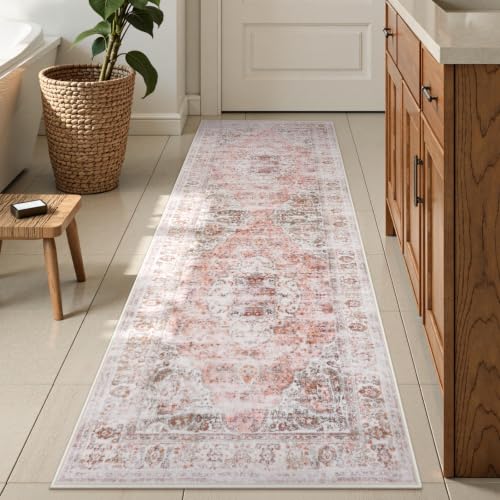 Uphome Bathroom Runner Rug, Distressed Tribal Farmhouse Blush Pink Bathroom Mat, Large Bathroom Rugs Non Slip Washable, Oriental Retro Boho Bath Mat Runner for Bathtub Sink Hallway, 24x59 inch - color: Blush Pink, size: 24 x 60 inch (Rectangular)