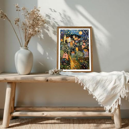 AVECCO Gustav Klimt Style Village Night Wall Art Framed Canvas 12x16 Inch - color: colorful, size: 16"L x 12"W