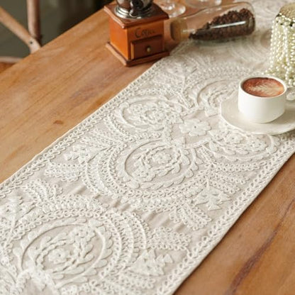 Table Runner Embroidered Farmhouse Dresser Scarf, Beige 14"x75" - color: Beige, size: 14 x 75 Inches