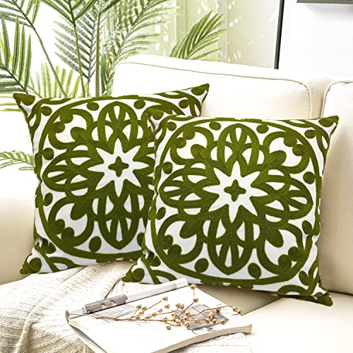 Alysheer Boho Embroidered Throw Pillow Cover 18"x18" Set of 2, Olive Green - color: Olive Green, size: 18" x 18" (Pack of 2)