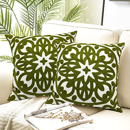 Alysheer Boho Embroidered Throw Pillow Cover 18"x18" Set of 2, Olive Green - color: Olive Green, size: 18" x 18" (Pack of 2)