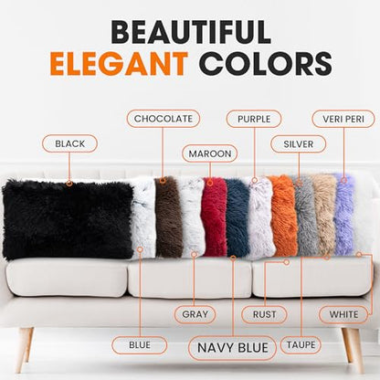 Cheer Collection Throw Pillows for Couch and Bed, Soft Shaggy Throw Pillows with Inserts Included, Cozy Long Hair Faux Fur Pillows - Set of 2-12" x 20" - Navy Blue - color: Navy Blue, size: 12" x 20"