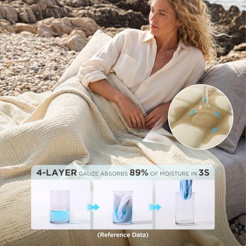 Bedsure 100% Cotton Muslin Blankets for Adults, King, 4-Layer, Linen Beige - color: 00 - Beige, size: King (108" X 90")