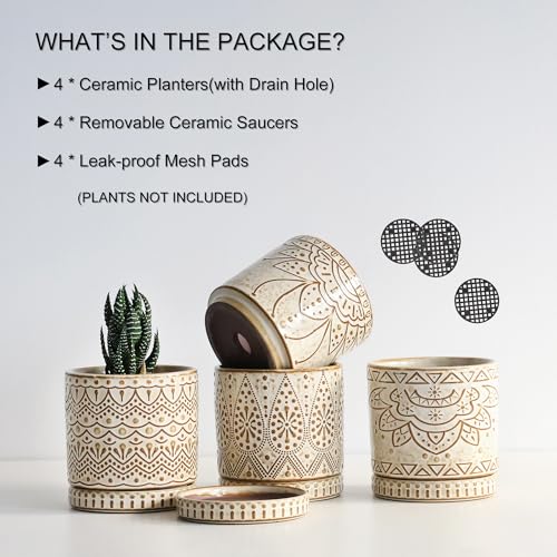 Gepege Ceramic Succulent Pots, 4 Inch Small Plant Pots with Drainage - color: White, size: 4 Inch - Set of 4