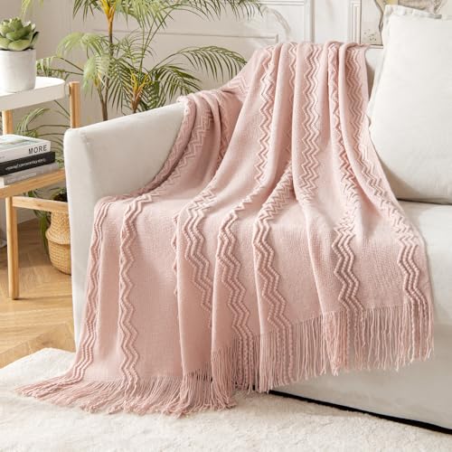 MIULEE Light Pink Knitted Boho Throw Blanket for Couch 50"x60" - color: Pink, size: 50" x 60"