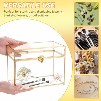 Vintage Gold Glass Jewelry Box 10 x 5.7 x 7.8 Inch with Lid