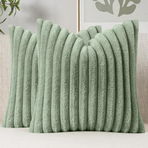 MIULEE Faux Fur Decorative Throw Pillow Covers 18x18 Set of 2 Sage Green - color: Sage Green, size: 18" x 18" (Pack of 2)