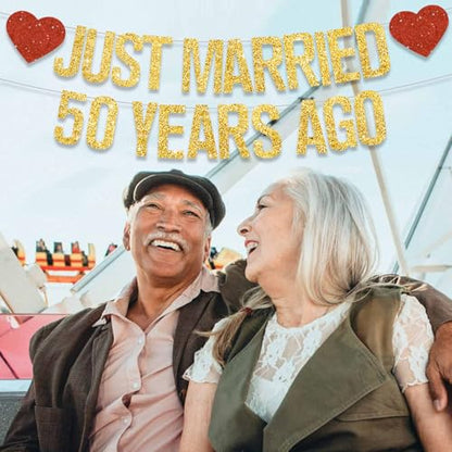 Gold Glitter Just Married 50 Years Ago Banner,NO DIY,Pre-Strung 50th Wedding Anniversary Party Decorations 50 Years Blessed & Loved Garland Sign We Still Do 50th Party Supplies - color: 50gold