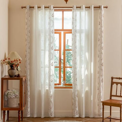 Beige Floral Linen Blend Grommet Curtains, 2 Panels - color: Brown, size: 55"W x 63"L (Pack of 2)