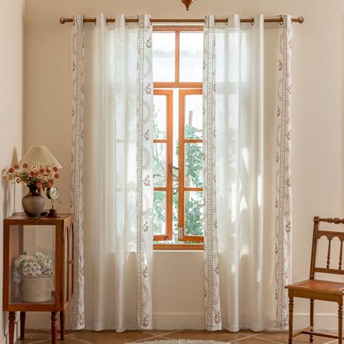 Beige linen blend brown embroidery FloralGrommet Curtains, 55“X95",2 Panels - color: Brown, size: 55"W x 95"L (Pack of 2)