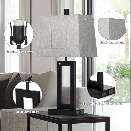 Cinkeda Bedside Table Lamp Set of 2,Nightstand Touch Lamps with USB Port - color: C.Gray&Black