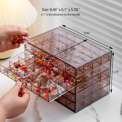 YUFONG Earring Storage Box Organizer 5 Drawers with 120 Small Compartments - color: Clear Purple Brown