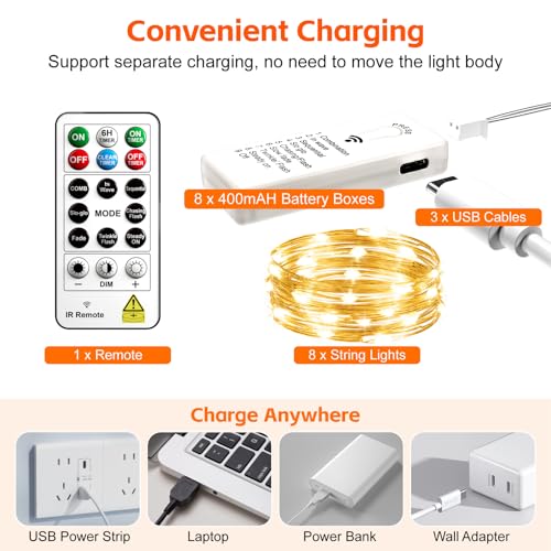 8 Pack Rechargeable LED Fairy Lights 7Ft 20LED Battery Operated - color: Warm White