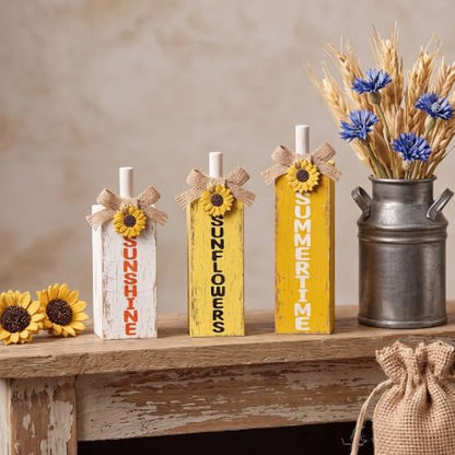 MiniInflat 3 Pcs Sunflower Table Decor, August Wooden Block Sign Decoration - style: Sunflower