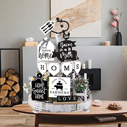Fairysandy 11 Pcs Home Tiered Tray Decor Black White Rustic Wooden Signs - style: Rustic