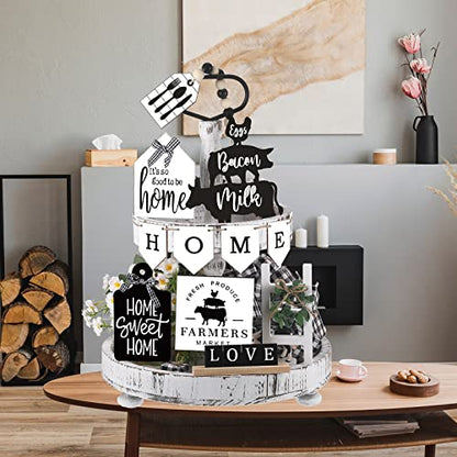 Fairysandy 11 Pcs Home Tiered Tray Decor Black White Rustic Wooden Signs - style: Rustic
