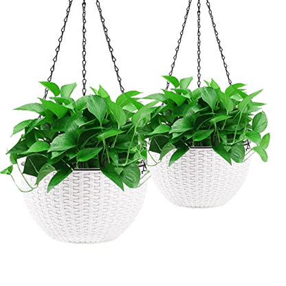 Foraineam 10.2 Inch Dual-pots Design Hanging Basket Planters Self-Watering Indoor Outdoor Hanging Flower Plant Pot with Drainer and Chain (White) - size: 10.2”